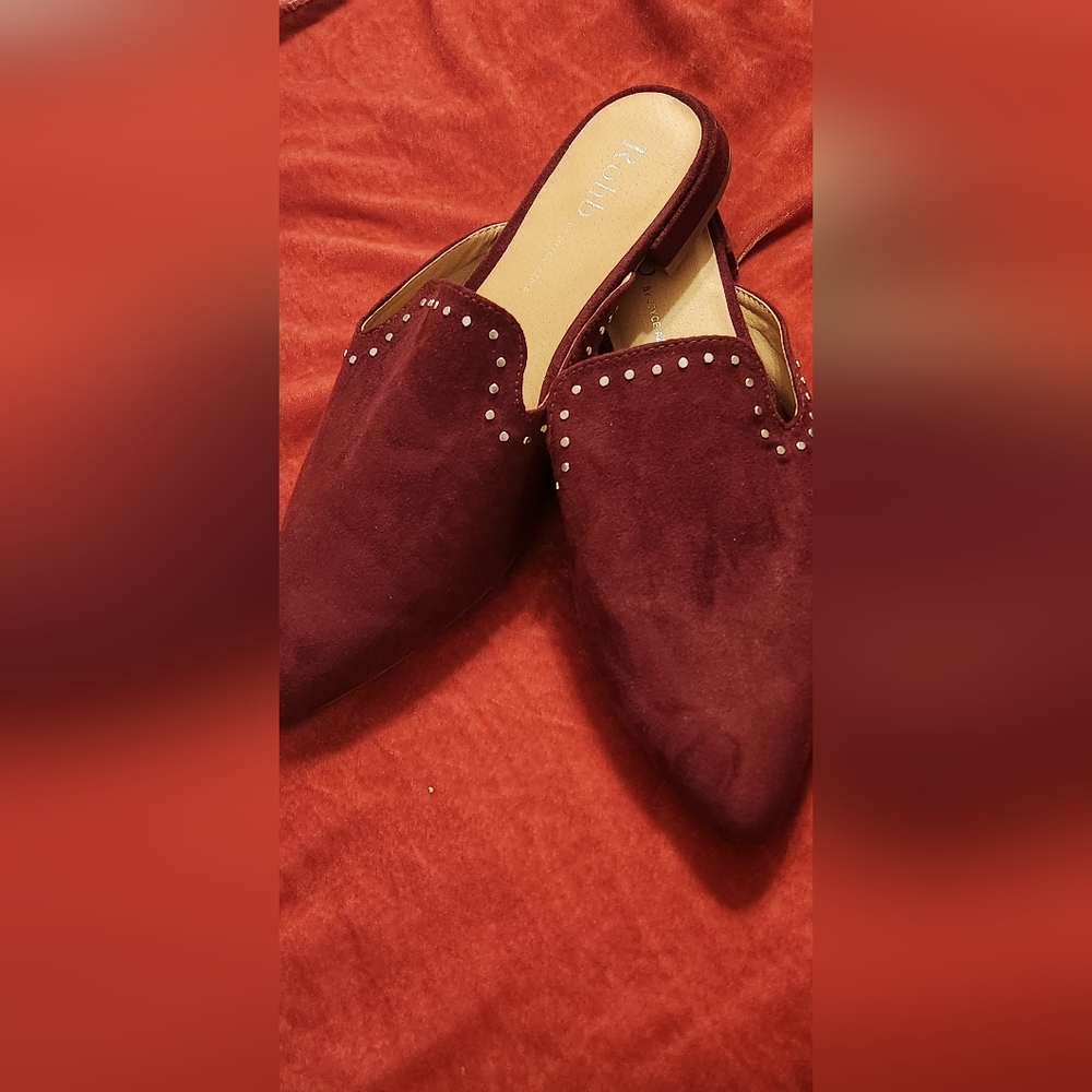 ROHB Deep Red Suede Mules with Stud Details
